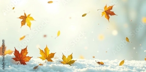 Fototapeta Delicate maple leaves fall gently on a snowy white background, green, texture, foliage