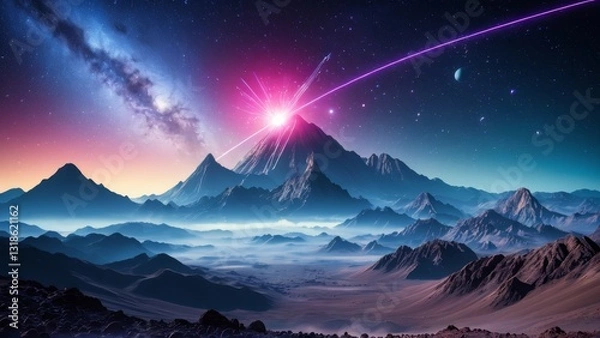 Fototapeta Cosmic view of rocky mountains and vast space landscape on alien planet, with distant planets and galaxy. Great visual for space adventure and exploration themes.