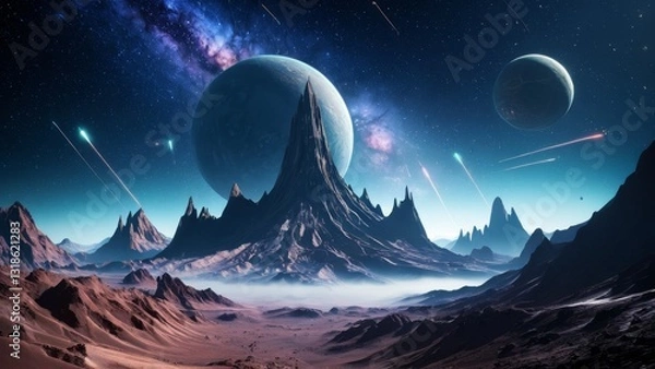 Fototapeta Planetary mountains with galaxy and cosmic scenery in the background. Ideal for sci-fi, space travel, and planetary exploration visuals.