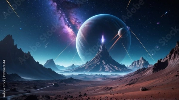 Fototapeta Futuristic cosmic landscape with towering mountains and galaxy in the sky. Perfect for space adventure, sci-fi, and exploration visuals.