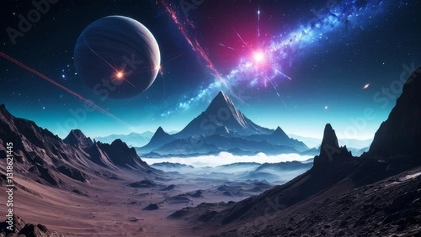 Fototapeta Astronaut standing on rocky surface of alien planet, gazing at galaxy and distant stars. Perfect for space exploration, cosmic journey, and future space concepts.