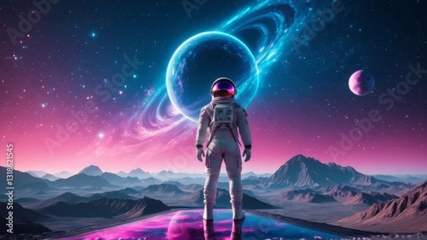 Fototapeta Astronaut standing on alien planet, gazing at vast cosmic scenery with glowing purple planet and distant moons. Perfect for space exploration, sci-fi, and futuristic themes.