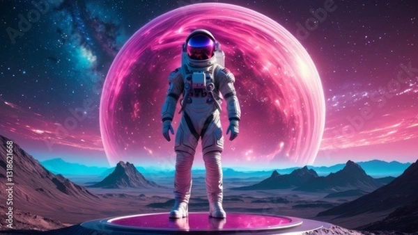 Fototapeta Astronaut standing on rocky surface of alien planet, observing the galaxy and vibrant purple planet above. Great visual for space travel, exploration, and interplanetary themes.