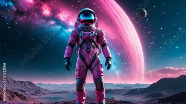 Fototapeta Astronaut gazing at distant stars and vibrant purple planet, standing on alien landscape with reflection in water. Great for futuristic, space, and sci-fi concepts.