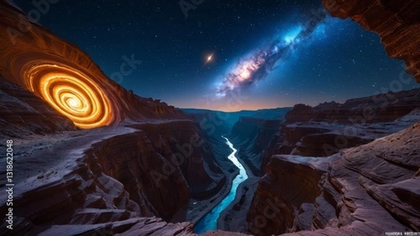 Fototapeta Night landscape with canyon and glowing river beneath starlit sky and galaxy. Ideal for space exploration, cosmic scenery, and stargazing visuals.