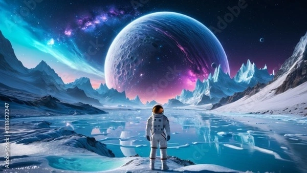 Fototapeta Cosmic landscape with astronaut walking on frozen surface of alien planet, gazing at the galaxy and distant planets. Ideal for spacewalk, space adventure, and exploration visuals.