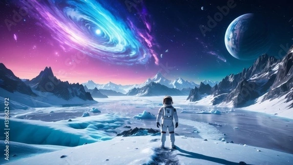 Fototapeta Glowing cosmic river and icebergs on alien planet with astronaut observing the galaxy. Great for spacewalk, exploration journey, and futuristic landscapes.
