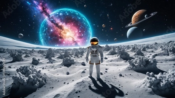 Fototapeta Futuristic astronaut exploring moon surface with planets and galaxy visible in the distance. Perfect for space mission, intergalactic journey, and space discovery visuals.