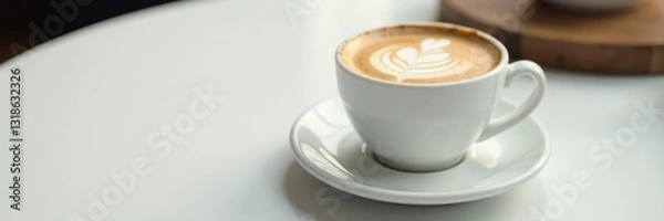 Fototapeta Creamy espresso in a white cup on a pristine surface, table, decor