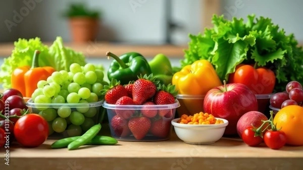 Fototapeta A vibrant assortment of fresh produce in clear containers, including strawberries, grapes, bell peppers, lettuce, apples, and tomatoes, displayed on a wooden surface.
