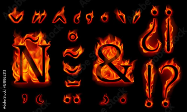 Fototapeta Set of burning diacritic marks, letter Ñ and &, Spanish question and exclamation marks in orange flames isolated on a black background. Vector illustration. 