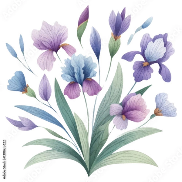 Fototapeta Floral bouquet concept. A beautiful illustration of various iris flowers in shades of purple and blue, surrounded by green leaves, showcasing delicate floral artistry.