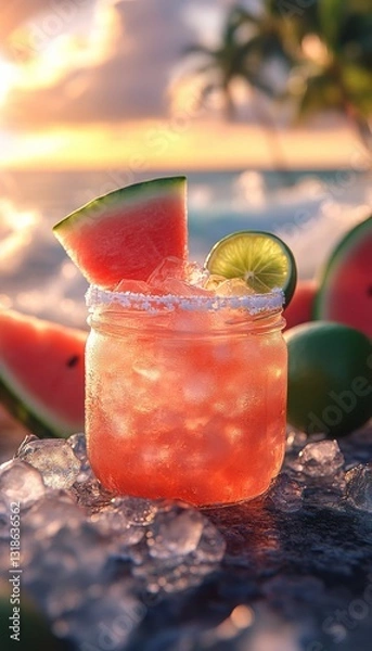 Fototapeta watermelon margarita cocktail on the rocks with salt in an artisan mason jar