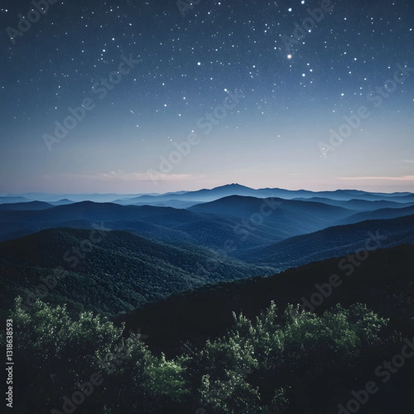 Fototapeta A mountain range with a clear blue sky and stars