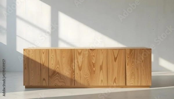 Fototapeta  Natural Wooden Table Counter Podium with Elegant Sunlight and Shadows on a White Minimalist Background