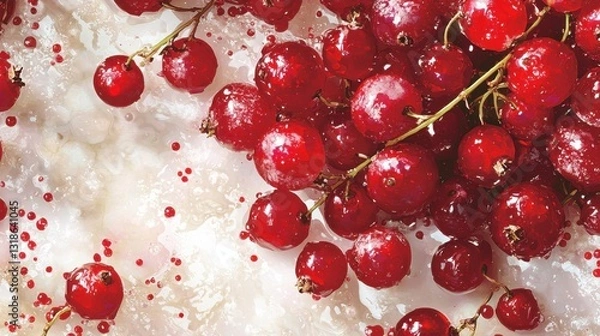 Obraz Vibrant red currants are arranged on a light white background, glistening with droplets of water, creating an appealing scene of freshness and natural beauty