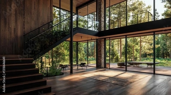 Obraz A contemporary home showcases large windows allowing natural light to flood the interior while looking out onto a lush forest. The open space features wooden accents and minimalist furniture