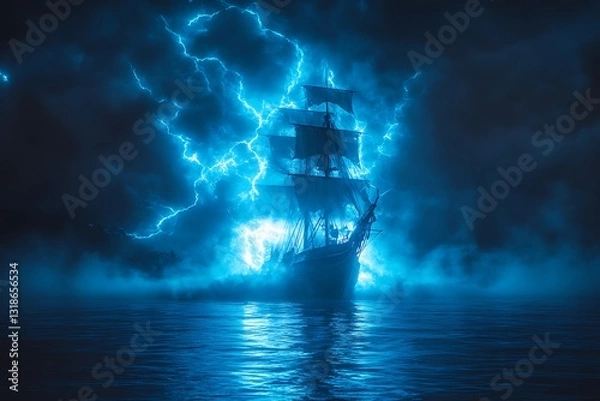 Fototapeta An Old Sailing Ship Faces Lightning During A Violent Storm