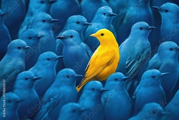Fototapeta A vibrant yellow bird stands out in a crowd of identical blue birds, symbolizing individuality, uniqueness, and the courage to be different in a conformist society.