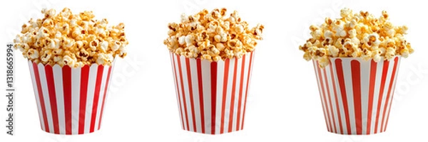 Fototapeta Three striped popcorn buckets filled with popcorn on transparency background