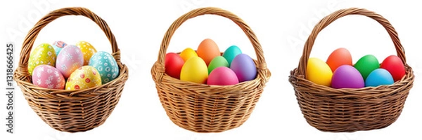 Fototapeta Colorful Easter eggs in three wicker baskets, showcasing vibrant designs
