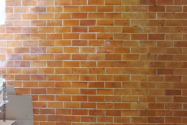 Obraz Wide cream brick wall with beige, old brown brick and limestone textures, perfect for abstract backgrounds
