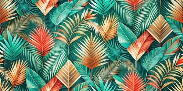 Fototapeta A vibrant tropical foliage pattern with overlapping green, orange, and red palm leaves and fronds creating a dense jungle backdrop.