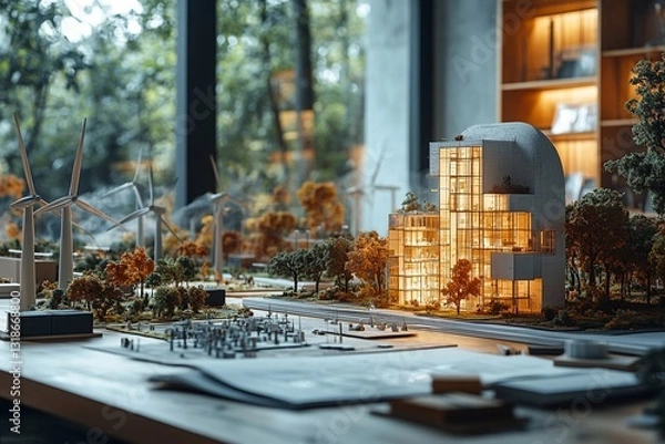 Fototapeta Detailed architectural model showcasing modern design elements in a serene environment