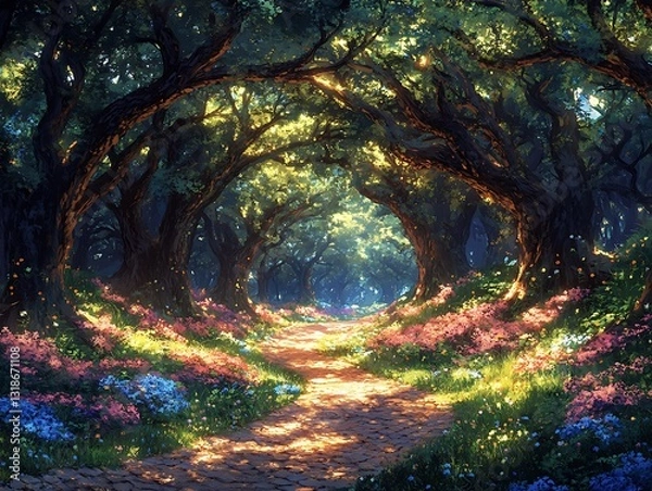 Fototapeta A concept art for a mythical forest realm, where ancient trees intertwine with magical flora, and mythical creatures roam freely. The artwork transports the viewer to a realm of fantasy and 