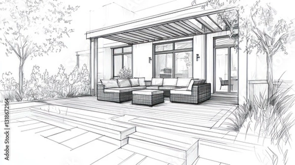 Fototapeta Architectural sketch of a home deck addition, featuring outdoor seating and detailed design elements.