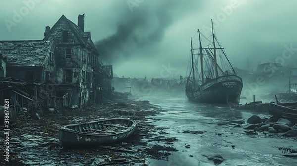 Obraz A post-apocalyptic coastal town, with dilapidated beachfront houses, overturned boats, and the relentless crash of waves, melancholic, coastal ruins, maritime remnants, forgotten seaside, fading 