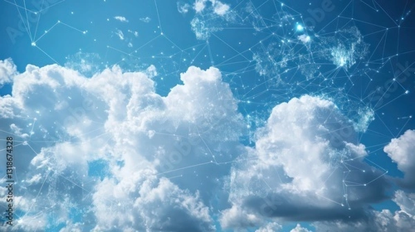 Fototapeta Digital clouds and data overlays set against a sky background, illustrating the advanced capabilities of AI in weather prediction and climate modeling.