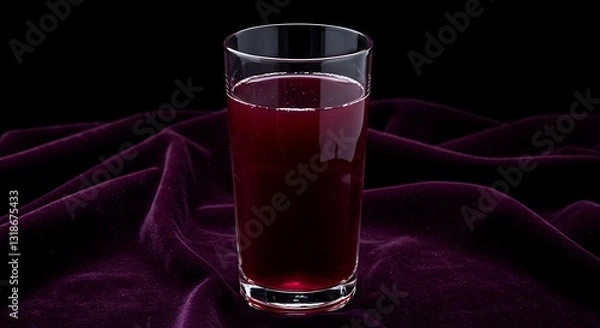 Fototapeta A glass of grape juice placed on a luxurious deep purple velvet cloth.