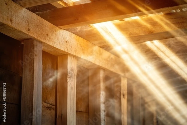 Fototapeta Sunlight streaming through a wooden framework, symbolizing the natural drying process in structural water damage recovery.