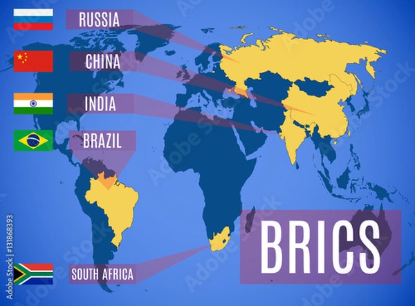 Obraz A schematic map of the States members of the BRICS.