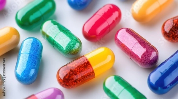 Fototapeta Various colorful capsules depicting weight management solutions, focusing on hormone therapy and its benefits in treating obesity.