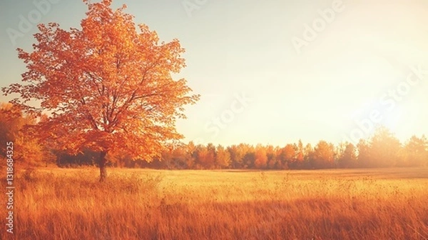 Obraz Single Orange Tree in Autumn Field at Sunset