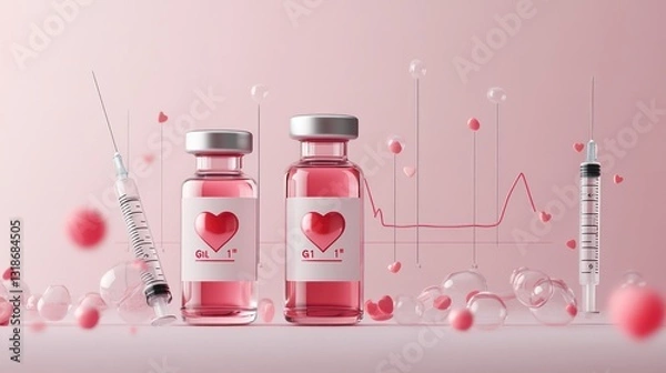 Fototapeta Vials labeled GLP-1 with syringes, heart icon, and growth chart symbolize hormone therapy benefits.