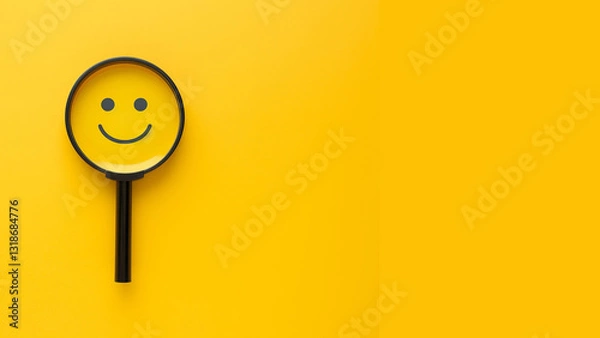 Obraz A smiling face through a magnifying glass. Yellow copy space background. generated ai.