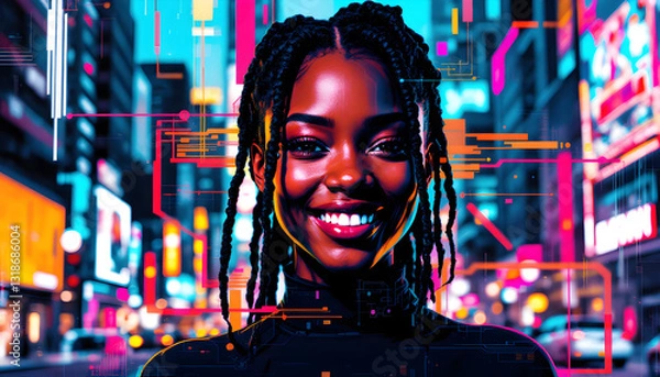 Fototapeta Digitally Empowered African American Female Programmer Coding on Futuristic Holographic Display