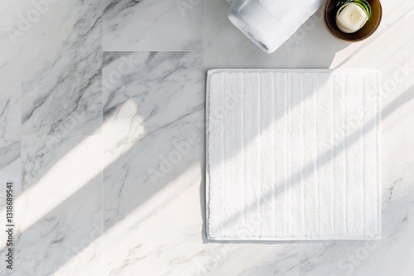 Fototapeta Mockup soft white bath mat on marble floor, overhead view, minimalist bathroom decor, casting shadows, clean aesthetic