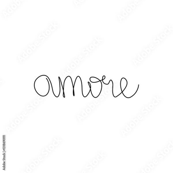 Fototapeta Amore inscription, continuous line drawing, hand lettering, print for clothes, t-shirt, emblem or logo design, one single line on a white background. Isolated vector illustration.