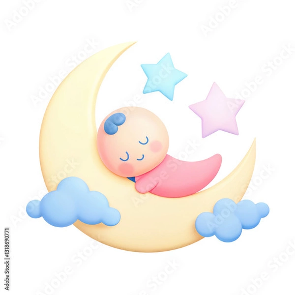 Fototapeta Baby shower concept, A cartoon baby sleeps on a crescent moon with stars and clouds in a night sky.