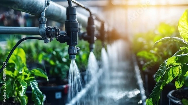 Fototapeta Close-Up Shot of Dripping Water from Garden Irrigation System in a Greenhouse with Lush Green Plants