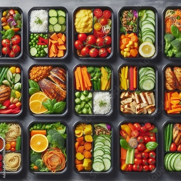 Obraz Nutritious Meal Ideas Easy and Colorful Lunch Boxes Filled with Protein Vegetables and Whole Grains