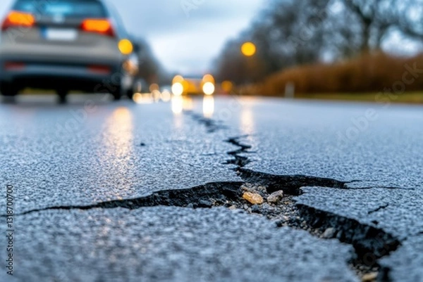 Fototapeta Close-up of cracked asphalt road, blurred cars and lights in background, wet pavement.