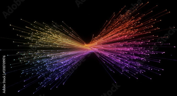 Fototapeta A stunning fiber optic light burst radiating in a rainbow gradient against a dark background, symbolizing data flow