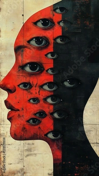 Fototapeta A striking conceptual artwork featuring a human profile split into contrasting colors, adorned with multiple eyes, symbolizing perception and consciousness.