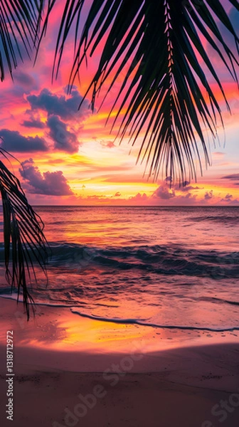 Obraz Vibrant Sunset Over Serene Beach with Silhouetted Palm Trees, A Scenic Escape