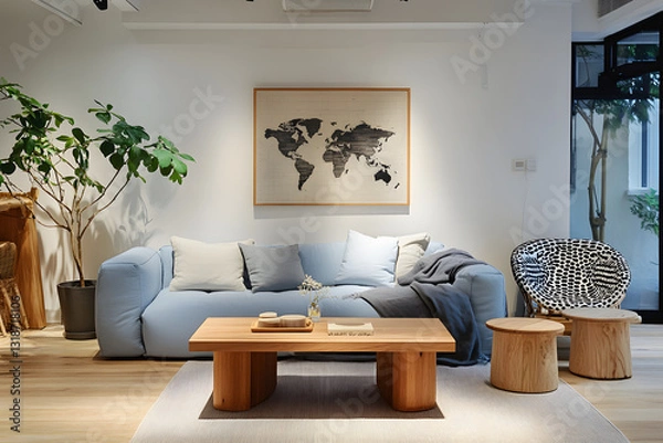 Fototapeta Home decor, stylish Scandinavian living room interior with design mint sofa, furnitures, mock up poster map, plants, and elegant personal accessories. Interior design. Template. Ready to use